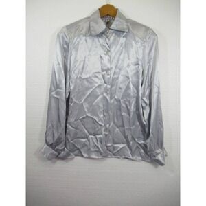 Vintage 80s 90s David Benjamin Shiny Satin Secretary Blouse Women 14 Gray
